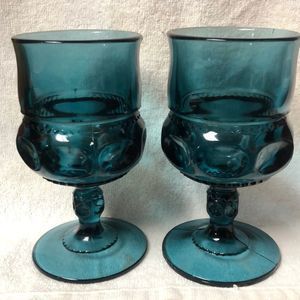 Indiana Glass Kings Crown Wine Goblet Glasses Dark Teal Blue Set of 2